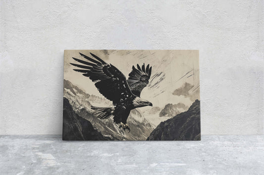 Black and White Eagle, Bald Eagle Painting, Cabin Decor, Mountain Home Art, Framed Canvas, Mountain Range, Nature Art