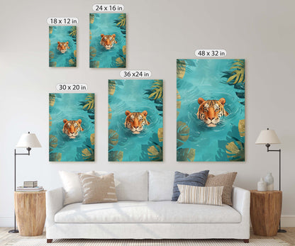 Tiger in Water, Big Cat Art, Framed Canvas, Large Art Print, Tropical Decor, Rainforest Print, Jungle Art