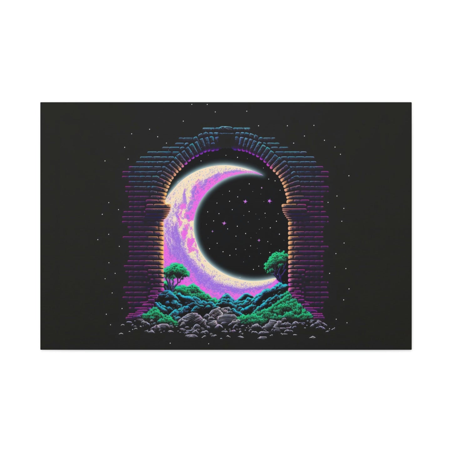 Moon Pixel Art Canvas Art Ready To Hang Large Print, Video Gamer, Man Cave, Synth Wave,