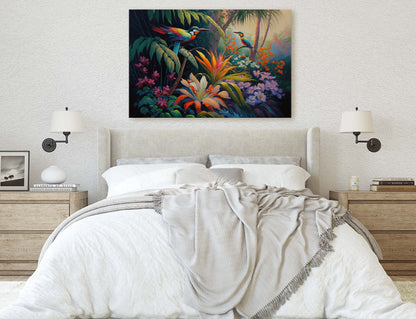 Jungle Birds of Passion Flowers Art Ready To Hang Large Print, Oil Painting, Landscape, Natural Beauty, Colorful