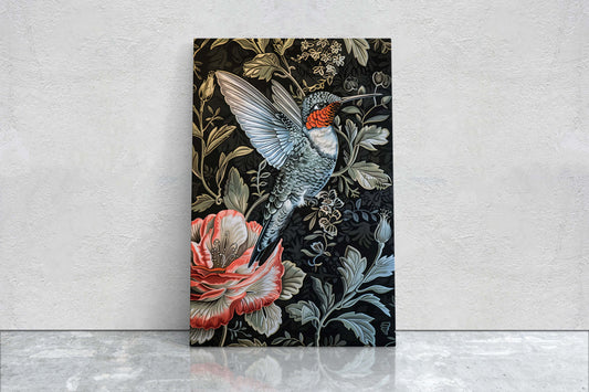 Hummingbird, William Morris Inspired, Floral Art, Botanical Decor, Framed Canvas, Dark Print, Cottagecore, Extra Large Print, Bird Decor