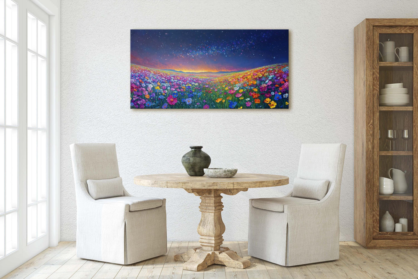 Night time Meadow, Canvas Print, Flower Print, Floral Decor, Star Sky, Starry, Wildflowers Decor