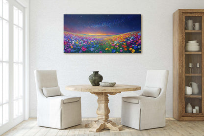 Night time Meadow, Canvas Print, Flower Print, Floral Decor, Star Sky, Starry, Wildflowers Decor
