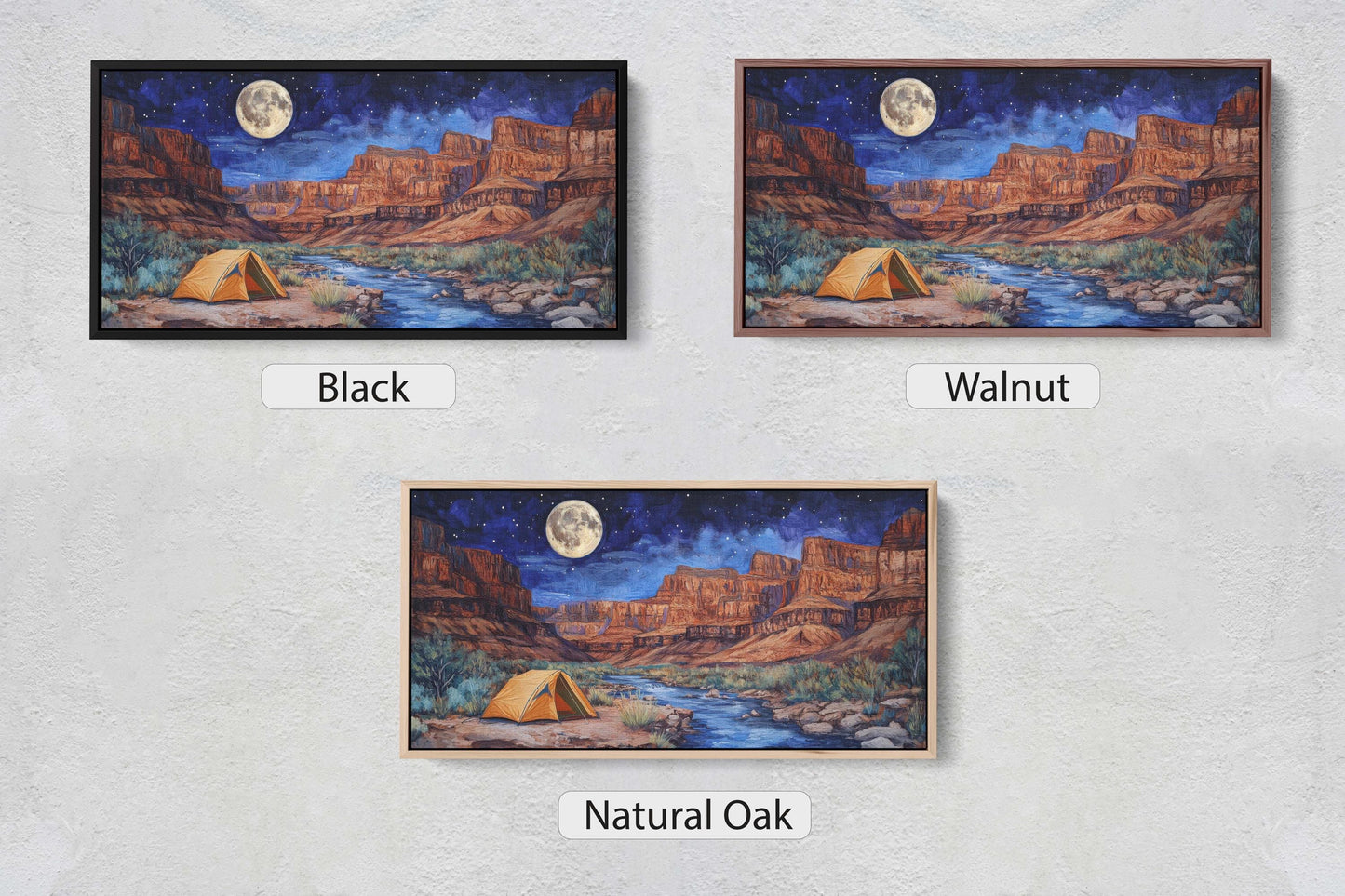 three paintings of a tent and a river with a full moon