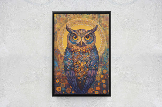 Owl Celestial, Folk Art, Celestial Art,  Framed Canvas, Nature Print, Whimsical, Cottagecore