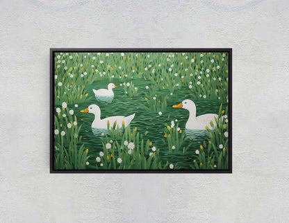 Ducks on Pond, Green Pond, Simple Minimal, Framed Canvas, Green and White, Emerald Green, Large Art Print, Mallard Duck, Lake, Marsh