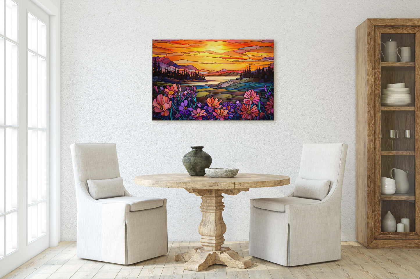 Stained Glass Painting, Faux Stained Glass, Sunset Flowers, Sunrise Field, Mountain Landscape, Framed Canvas, Vivid Colorful