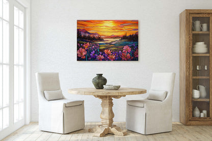 Stained Glass Painting, Faux Stained Glass, Sunset Flowers, Sunrise Field, Mountain Landscape, Framed Canvas, Vivid Colorful