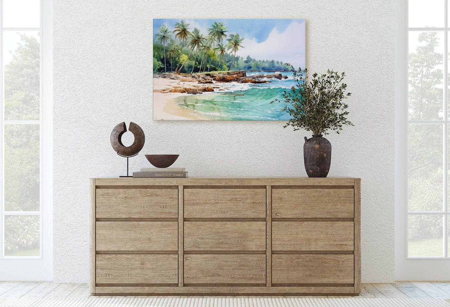 Beach Waves on Canvas, High Tide, Blue water, Green water, Palm Trees, Tropical Paradise, Ocean Vacation, Framed Canvas