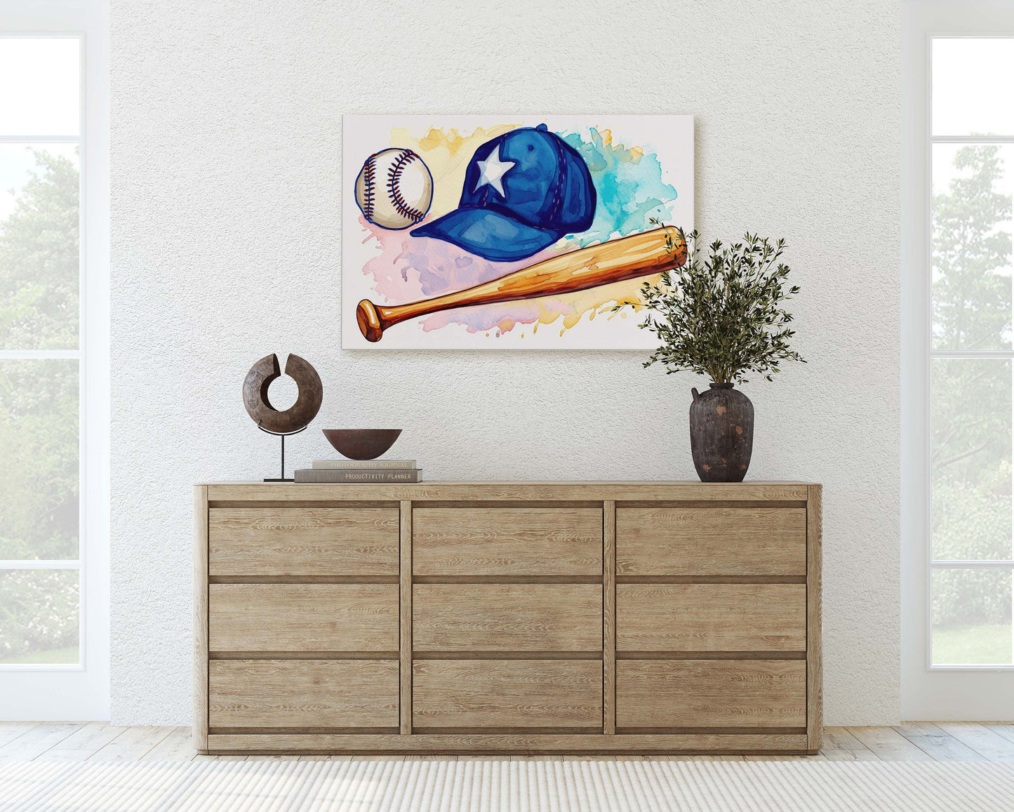 Watercolor Baseball, Baseball Painting, Baseball Bat, Original Art, Sport Lover, Kids Room, Boys Room