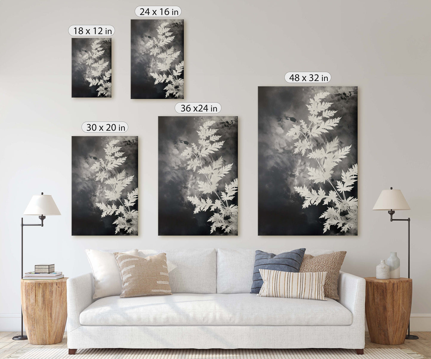 Black and White Floral, Botanical Art, Wildflower Decor, Farmhouse Print, Modern Art, Large Print, Framed Canvas