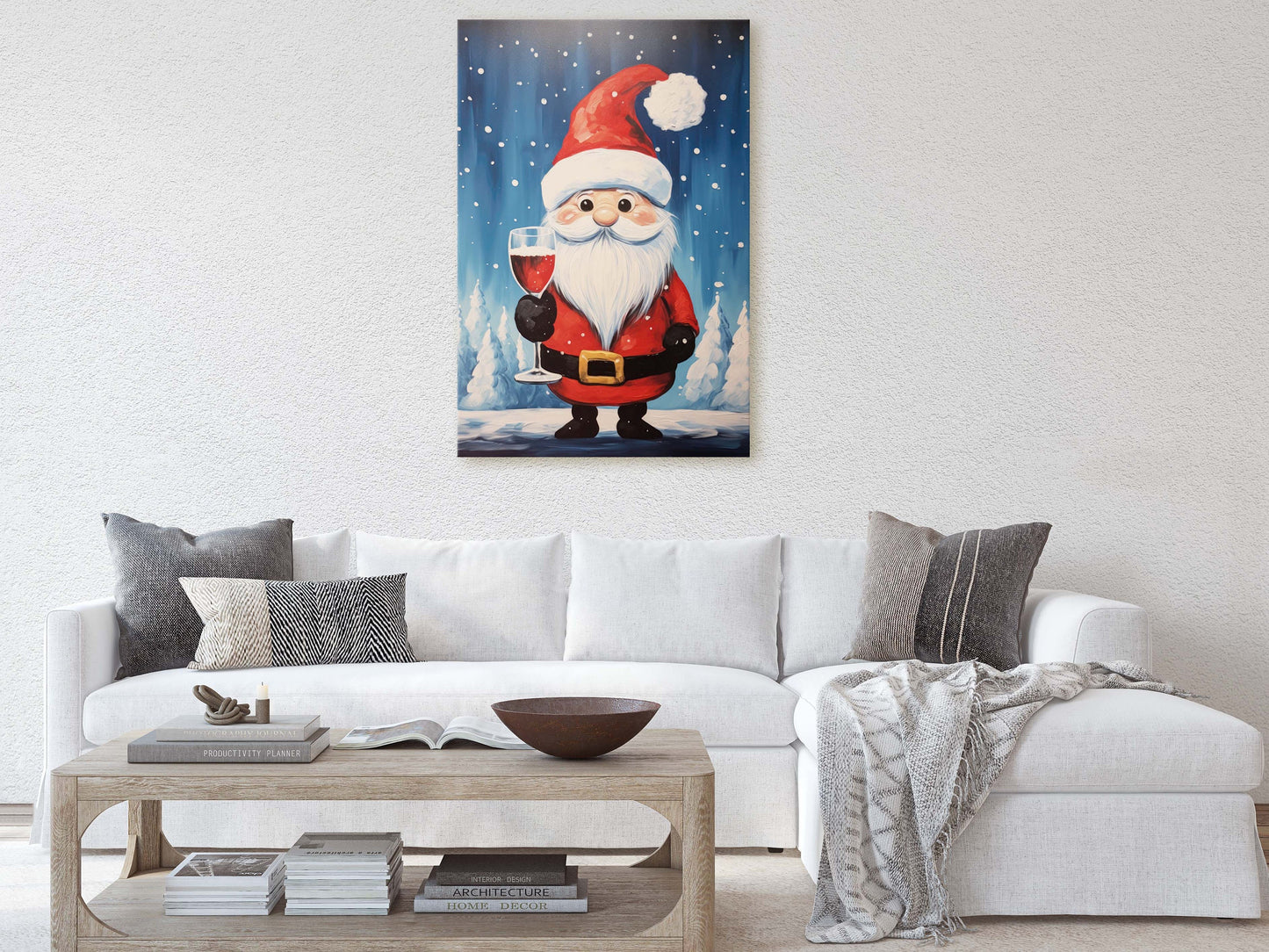 Cute Santa Wine, Santa Clause, Christmas Decor, Santa Painting, Saint Nick, Christmas Gift, Framed Canvas, Father Christmas, Holiday Artwork