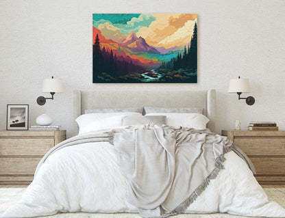 Cloud Mountains on Canvas, Flat Illustration, Sunset Colors, Sunrise Scene, Mountain Range, National Park, Abstract Art, Drawing, Framed