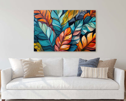 Modern Leaves, Contemporary Colorful, Fall Season, Abstract Symbolist, Framed Canvas, Large Art Print