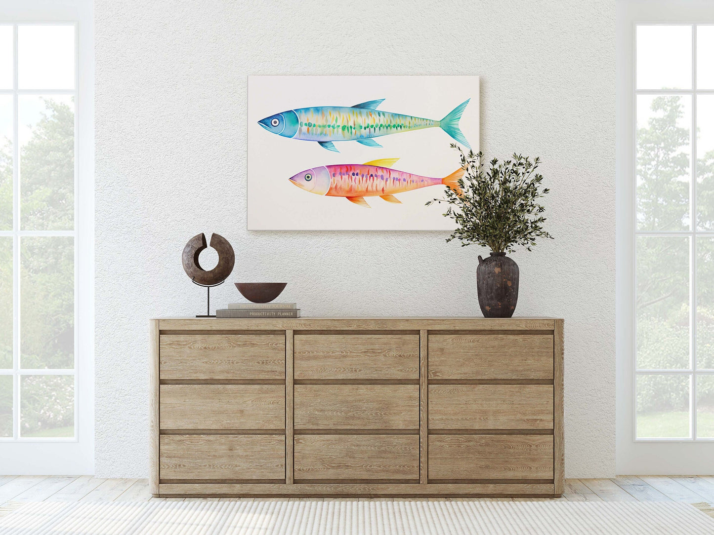 Watercolor Sardine, Fish Painting, Vibrant Color, Kitchen Print, Dining Room, Clean Minimal, Abstract, Framed Canvas