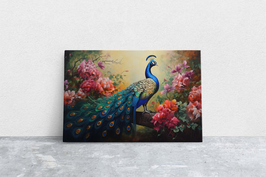 Peacock Painting, Pink Flowers, Colorful Art, Bird Decor, Framed Canvas, Large Print