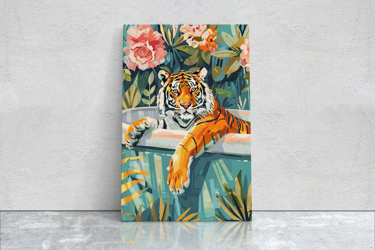 Tiger Bathtub, Maximalist Art, Dopamine Decor, Pink Kitsch, Bathroom Art, Framed Canvas, Large Art print, Dorm Decor