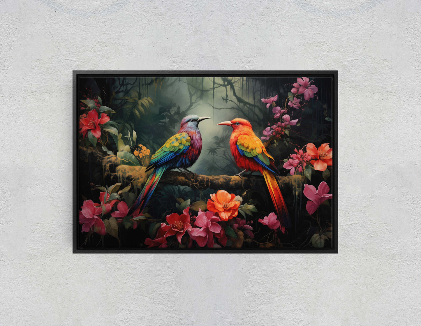 Jungle Bird Painting, Jungle Art, Green Jungle, Framed Canvas, Large Print, Beautiful Bird, Flower Jungle, Tropical Forest, Rainforest Art