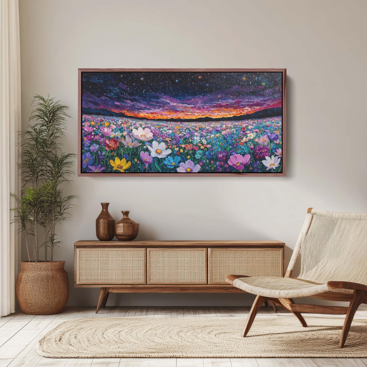 Night Sky Flowers, Meadow in the Night, Dark Colorful, Vibrant Decor, Large Art Print