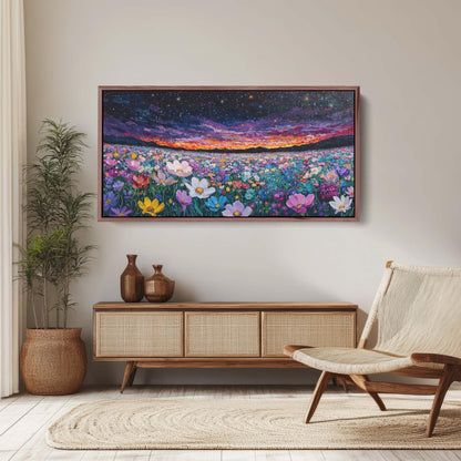 Night Sky Flowers, Meadow in the Night, Dark Colorful, Vibrant Decor, Large Art Print