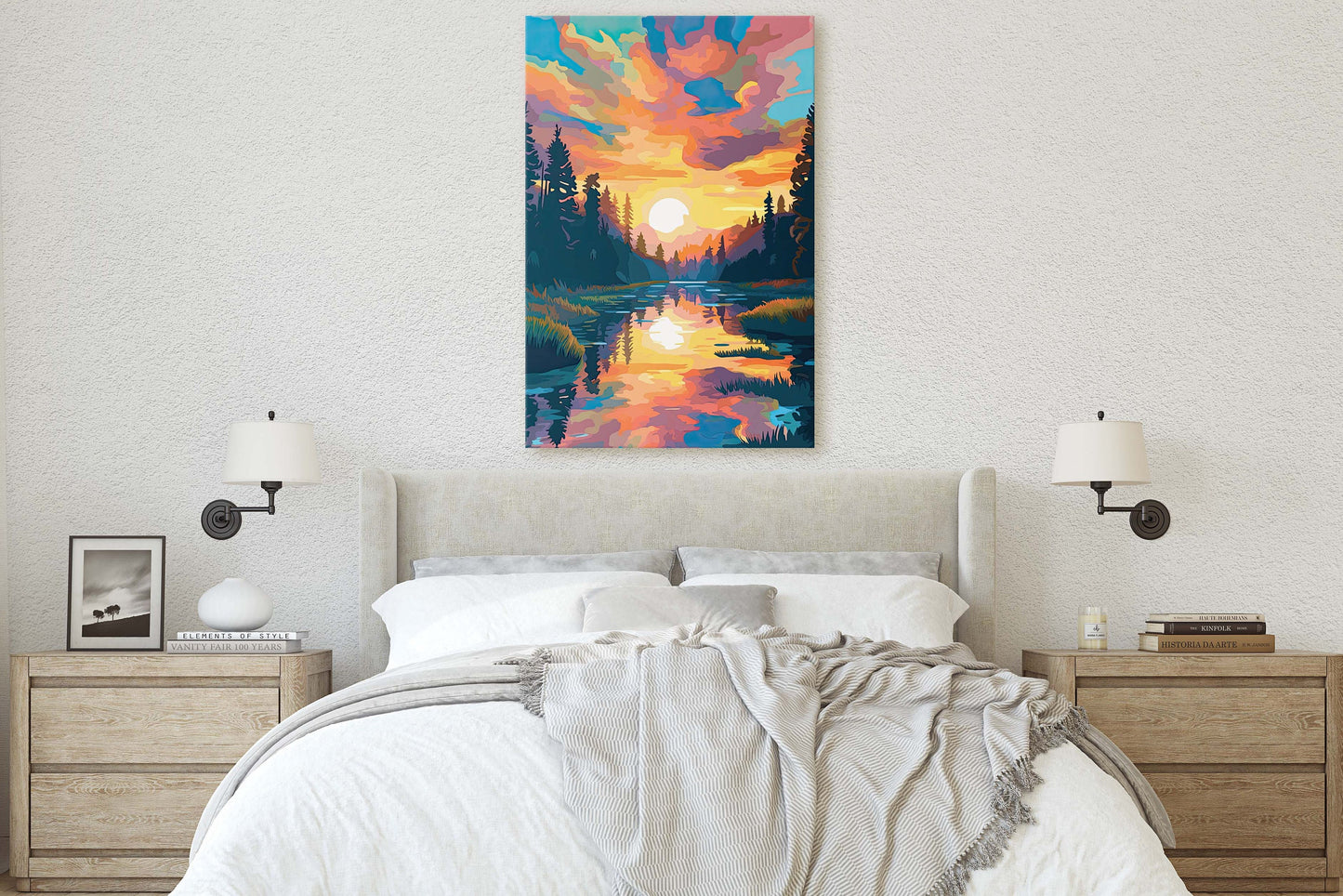 Lake at Sunset, Fauvist Color, Calm Water, Chromatic, Impressionist Art, Landscape Decor, Nature Painting, Ready to Hang, Canvas Print