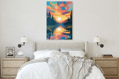 Lake at Sunset, Fauvist Color, Calm Water, Chromatic, Impressionist Art, Landscape Decor, Nature Painting, Ready to Hang, Canvas Print