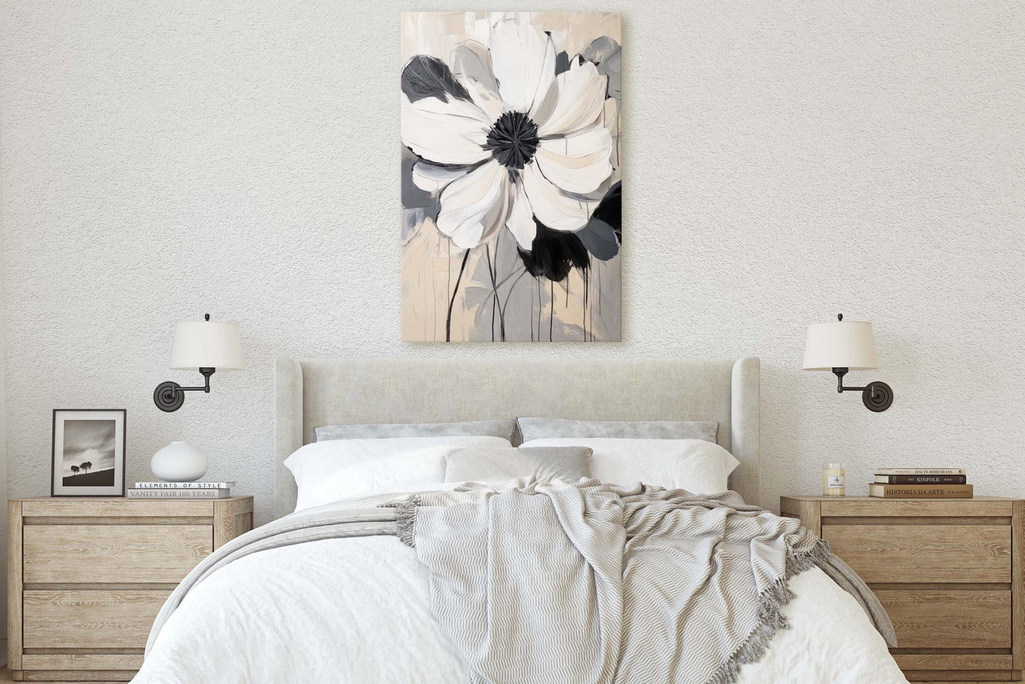 Modern Flower, Contemporary Art, Flower Painting, Black White Beige