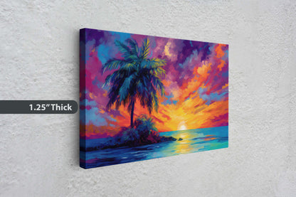 Vivid Palm Sunset on Canvas, Palm Tree Dusk, Evening Ocean View, Oceanside, Colorful Beach, Framed Canvas, Watercolor, Painting
