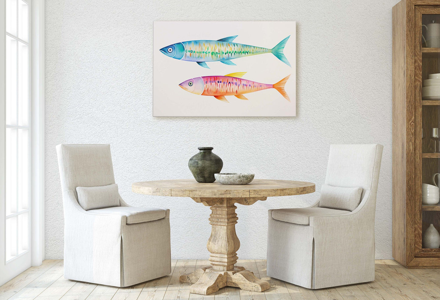Watercolor Sardine, Fish Painting, Vibrant Color, Kitchen Print, Dining Room, Clean Minimal, Abstract, Framed Canvas