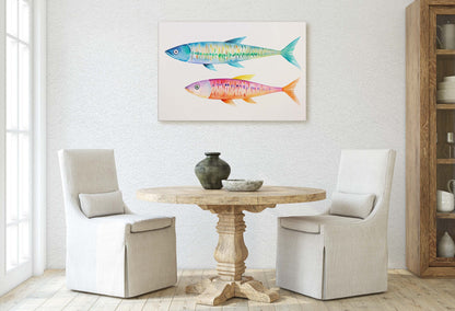 Watercolor Sardine, Fish Painting, Vibrant Color, Kitchen Print, Dining Room, Clean Minimal, Abstract, Framed Canvas