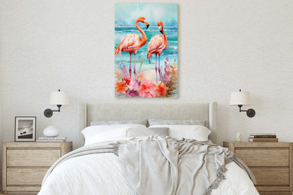 Flamingo Flowers on Canvas, Floral Bird, Beach Art, Framed Canvas, Tropical Art, Blue Water, Animal Print, Bird Lover, Vertical Portrait