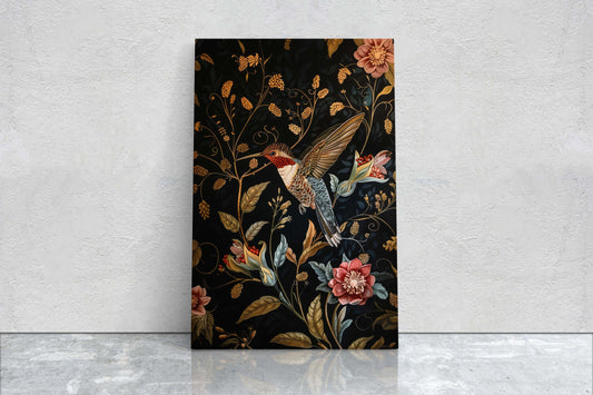 Hummingbird, William Morris Inspired, Floral Art, Botanical Decor, Framed Canvas, Dark Print, Cottagecore, Extra Large Print, Bird Decor