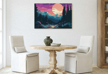 Mountain and Moon on Canvas, Nightfall Mountains, Midnight Landscape, Vibrant Color, Bold Design, Colorado Mountain, Illustration Outdoors