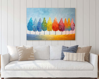 Seasons Painting, Pastel Trees, Rainbow Tree, Spring Summer, Fall Winter, Blue Tones, Colorful Vivid, Framed Canvas, Large Art Print