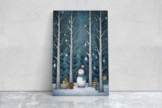 Snowman Presents Forest, Illustration Style, Snowy Forest, Snow Presents, Framed Canvas, Christmas Decor, Large Print, Winter Decor