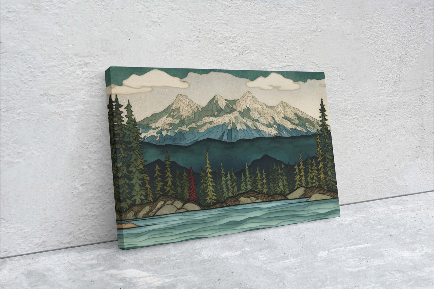 Minimalist Lake Mountain on Canvas, Scandinavian Design, Danish, Green Blue, Framed Canvas, Abstract, Simple, Landscape Painting
