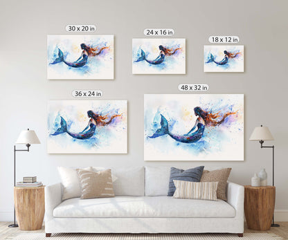 Watercolor Mermaid, Fantasy Creature, Ocean Art, White and Blue, Bathroom Decor, Framed Canvas, Large Art Print, Mystical, Impressionism