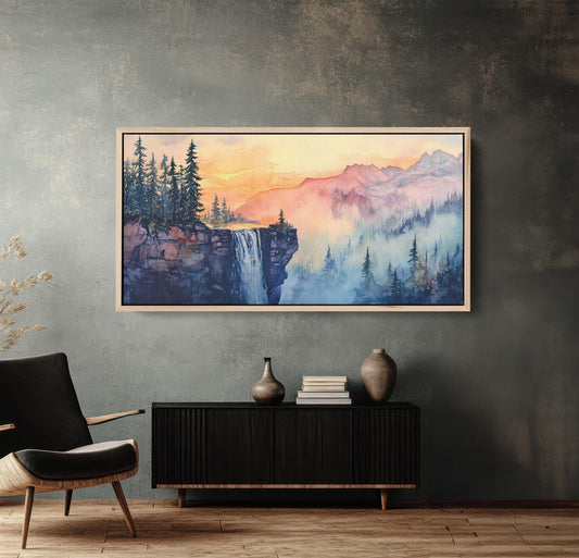 Cliff Waterfall, Watercolor Cliff, Mountain Painting, Scenic Art