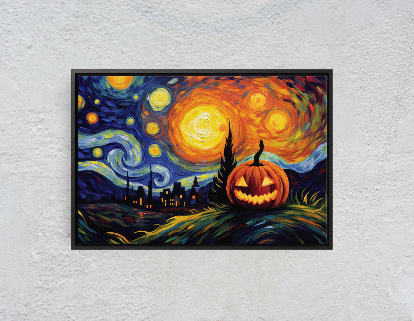 Starry Night Pumpkin on Canvas, Jack-O-Lantern, Spooky Art, Framed Canvas, Kid Friendly, Fun Halloween Decor