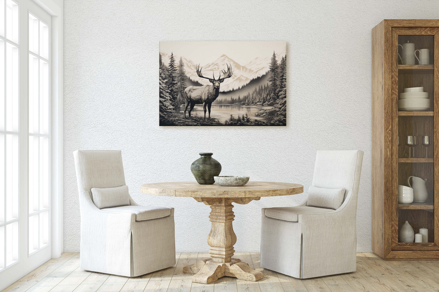 Black and White Elk,  Elk Painting, Cabin Decor, Mountain Home Art, Framed Canvas, Moose Painting, Neutral Color, Mountain Range, Nature Art