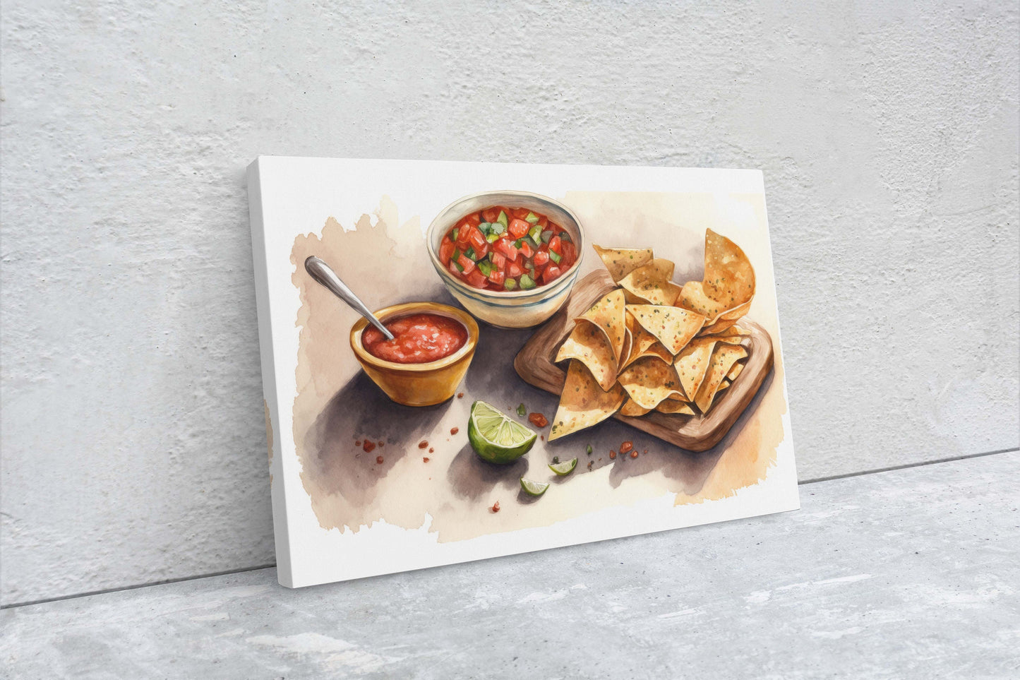 Chips and Salsa, Canvas Art, Ready To Hang, Large Print,  Colorful, Watercolor, Mexican food, Kitchen Art, Dining Room, Restaurant Art