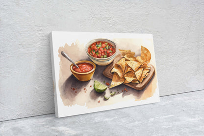 Chips and Salsa, Canvas Art, Ready To Hang, Large Print,  Colorful, Watercolor, Mexican food, Kitchen Art, Dining Room, Restaurant Art