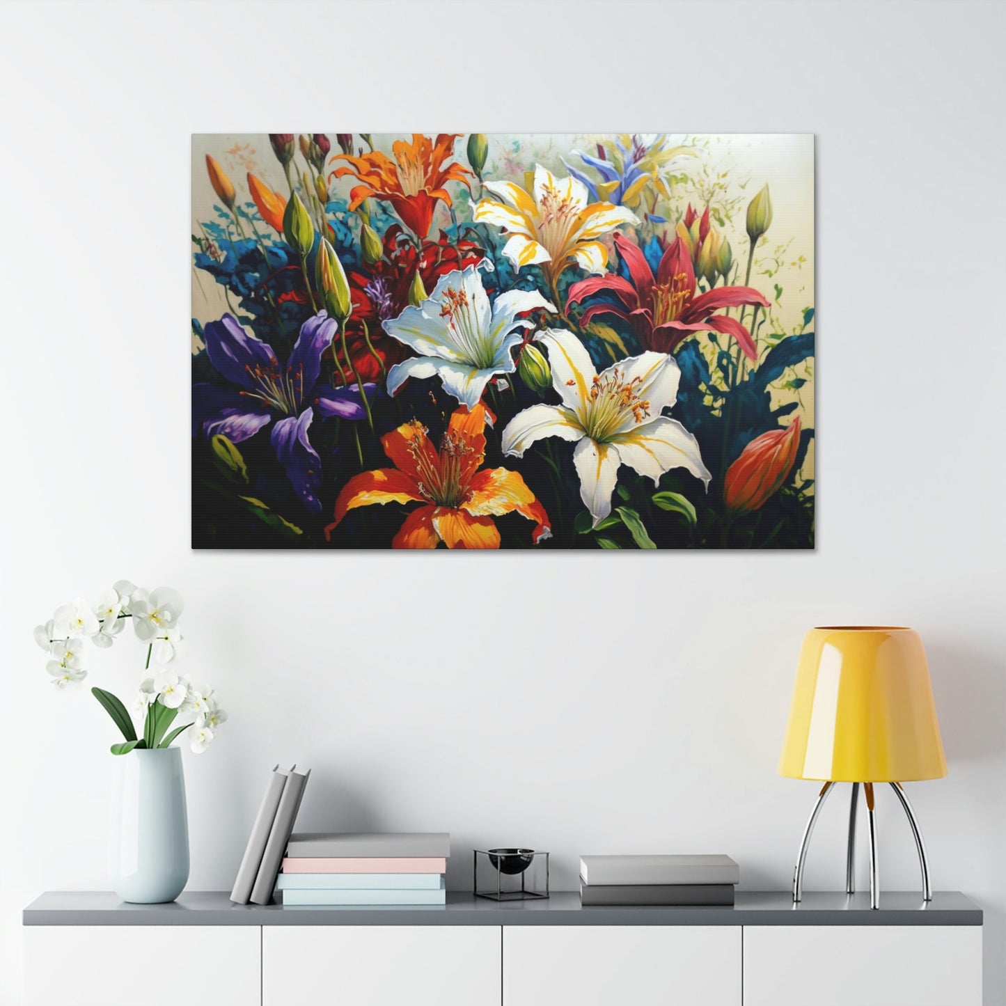 Lilies Colorful Canvas Art Ready To Hang Large Print, Oil Painting, Flowers, Floral