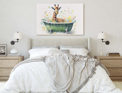 Giraffe Bath, Giraffe in Bathtub, Bathroom Decor, Kids Bath, Powder room, Fun Art, Cute Giraffe Elephant, Bath time Art, Silly Decor