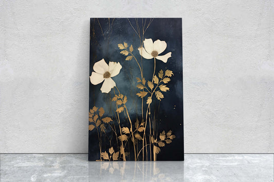 White Flowers, Indigo and Gold, Black and Gold, Wildflowers, Floral Painting, Framed Canvas, Large Print, Simple Bold, Contemporary Modern