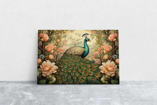 Peacock Painting, Vintage Style, Subdued Color, Pink Flowers, Framed Canvas, Large Print, Chinese Style, China Art, Oriental Decor