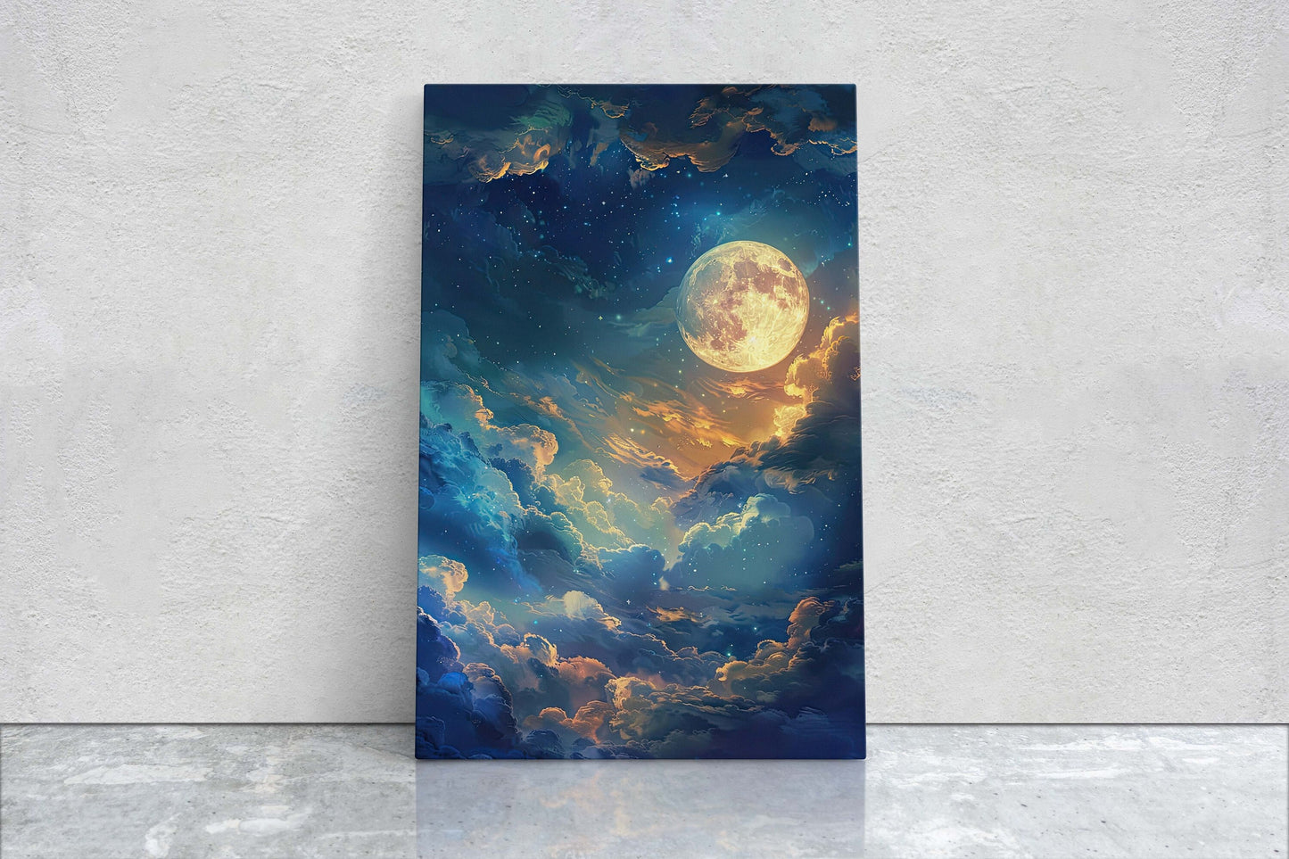 Cloudy Moon Sky, Moonlit Night, Golden Night, Full Moon Painting, Celestial Art, Nature, Retro Style