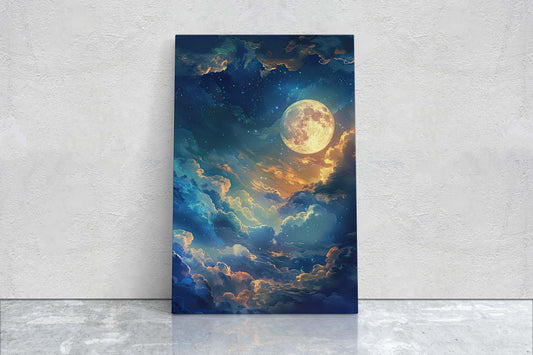Cloudy Moon Sky, Moonlit Night, Golden Night, Full Moon Painting, Celestial Art, Nature, Retro Style