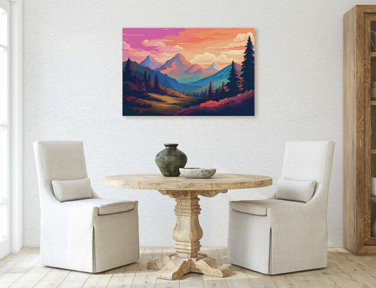 Mountain Sunset on Canvas, Vivid Color, Forestpunk, Bold Color, Illustration animation, cyberpunk landscape, Large Print