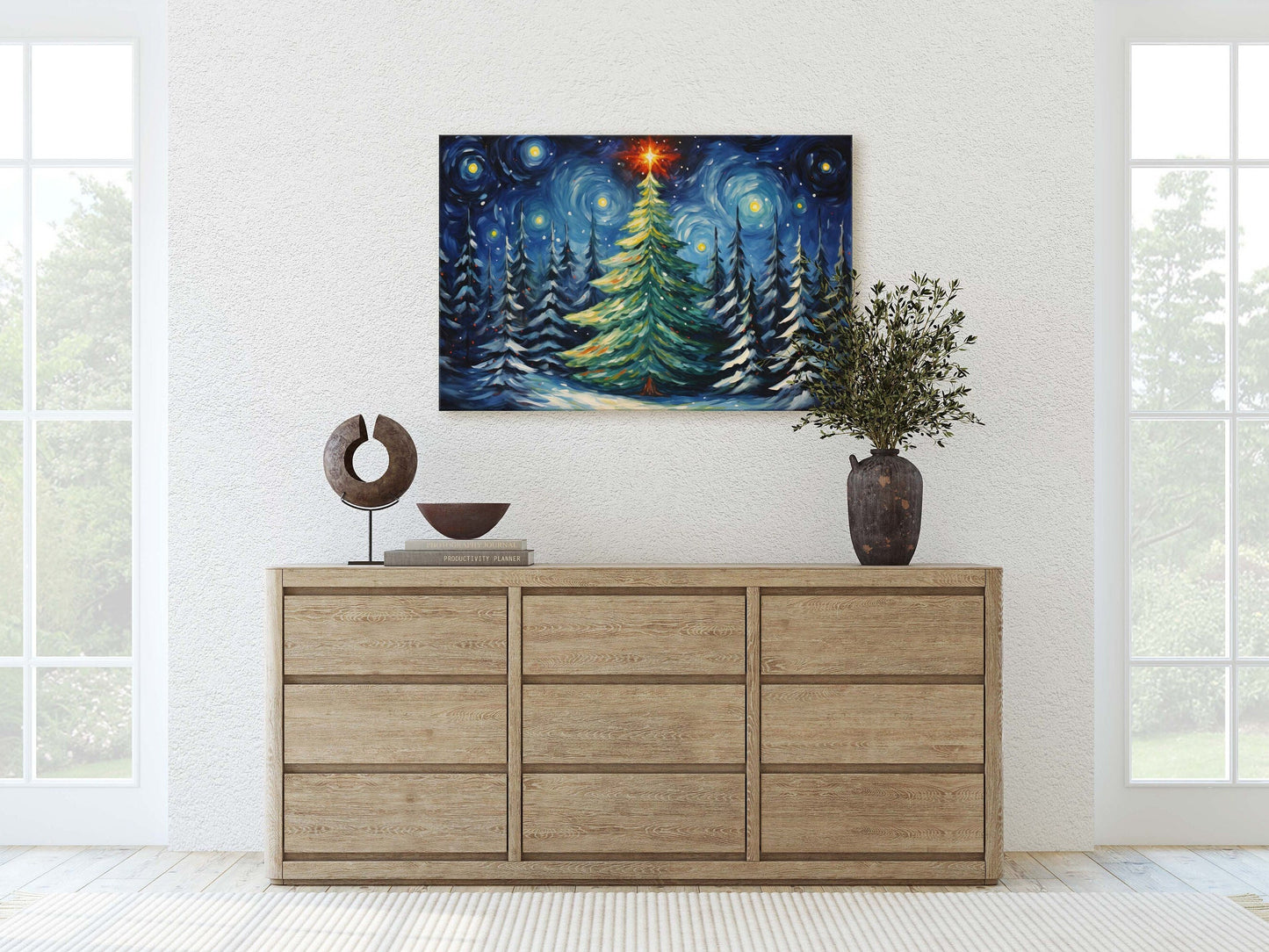 Starry Christmas Tree, Starry Night, Christmas Painting, Xmas Decor, Framed Canvas, Large Painting, Festive Print, Winter Art